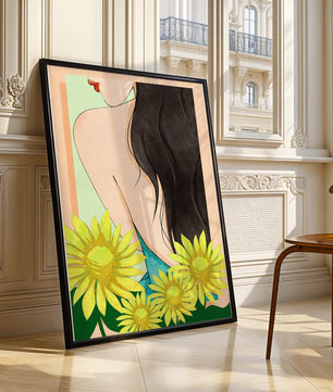 Ilustración de una mujer elegante con girasoles y cabello largo y oscuro