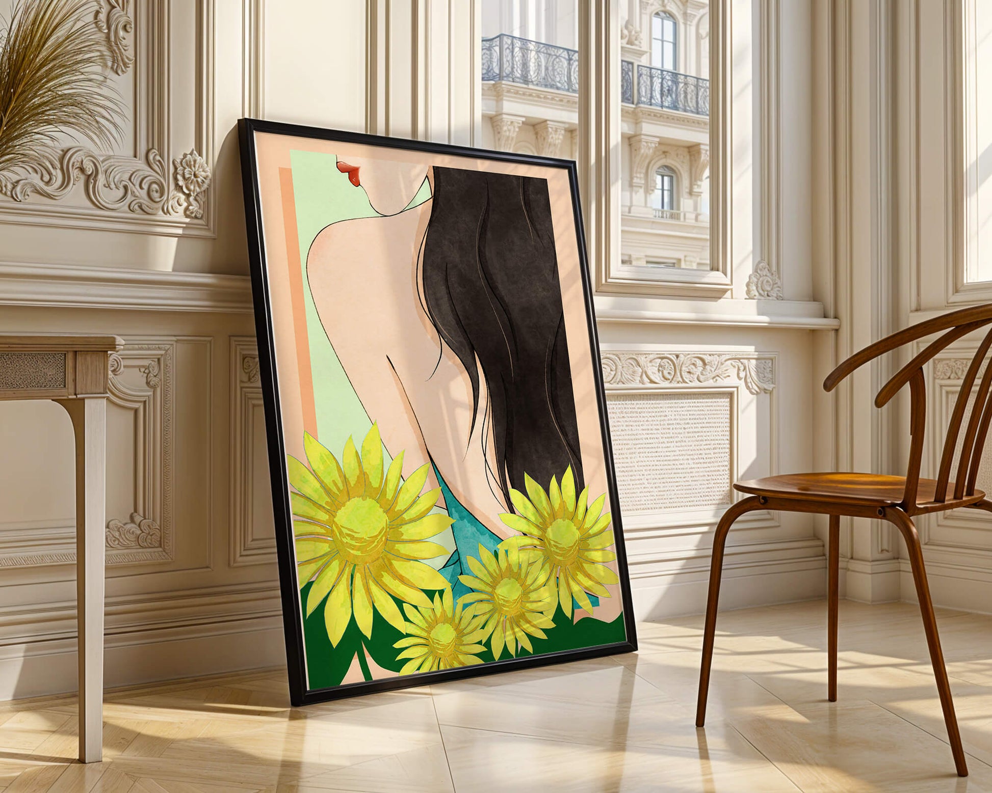 Ilustración de una mujer elegante con girasoles y cabello largo y oscuro