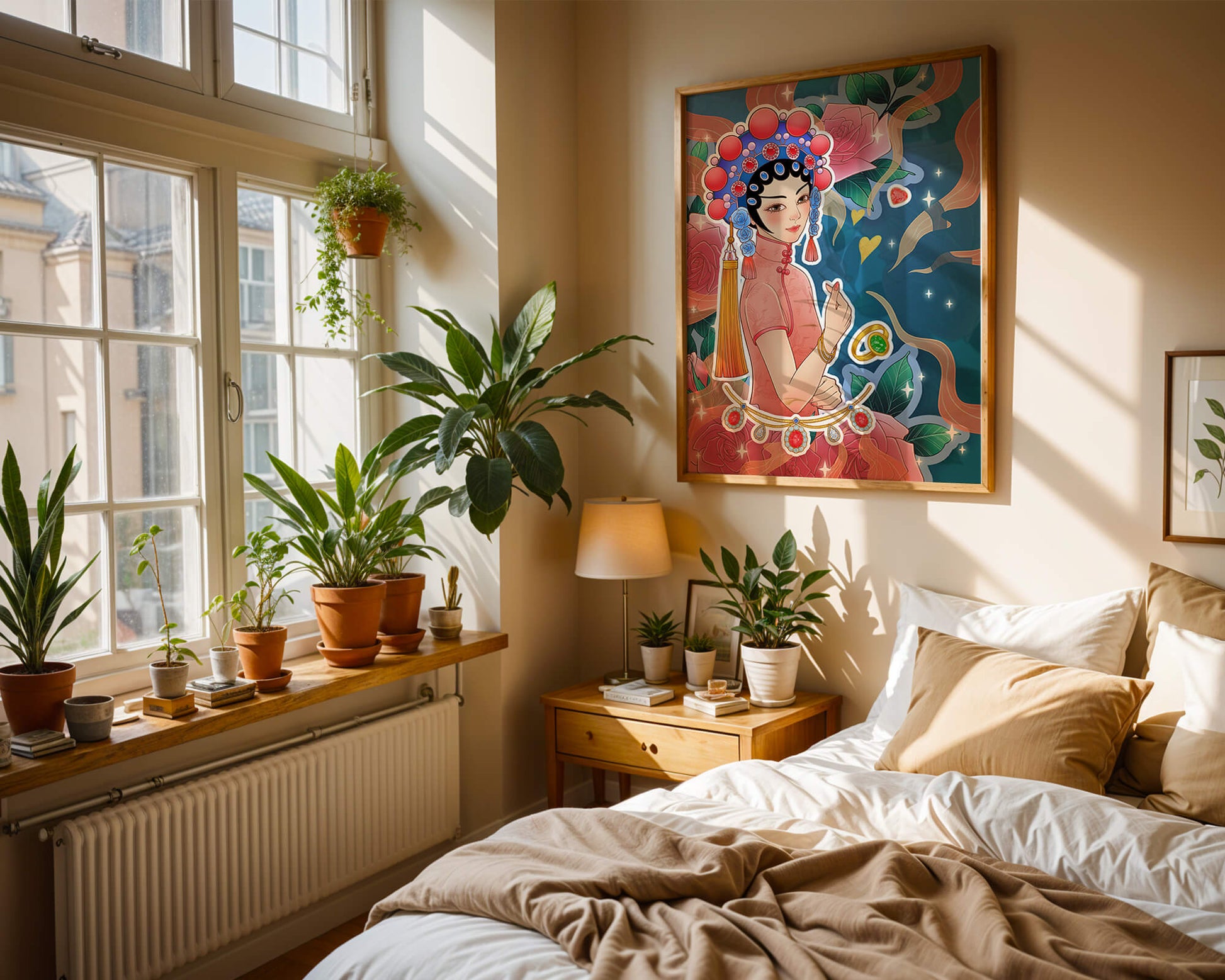 Traditional Asian-inspired illustration with jewelry and floral accents