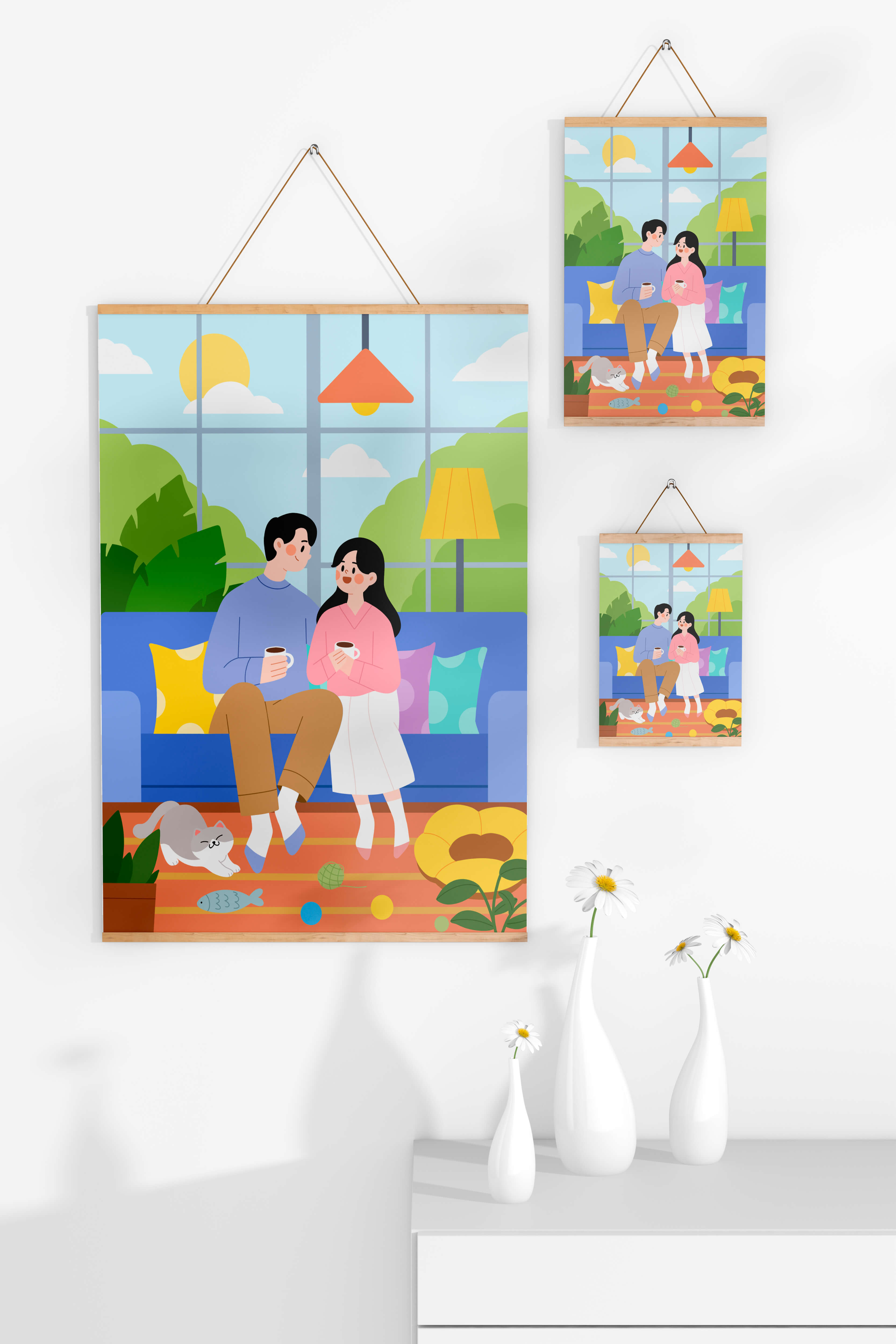 Cozy living room scene with couple and playful cat