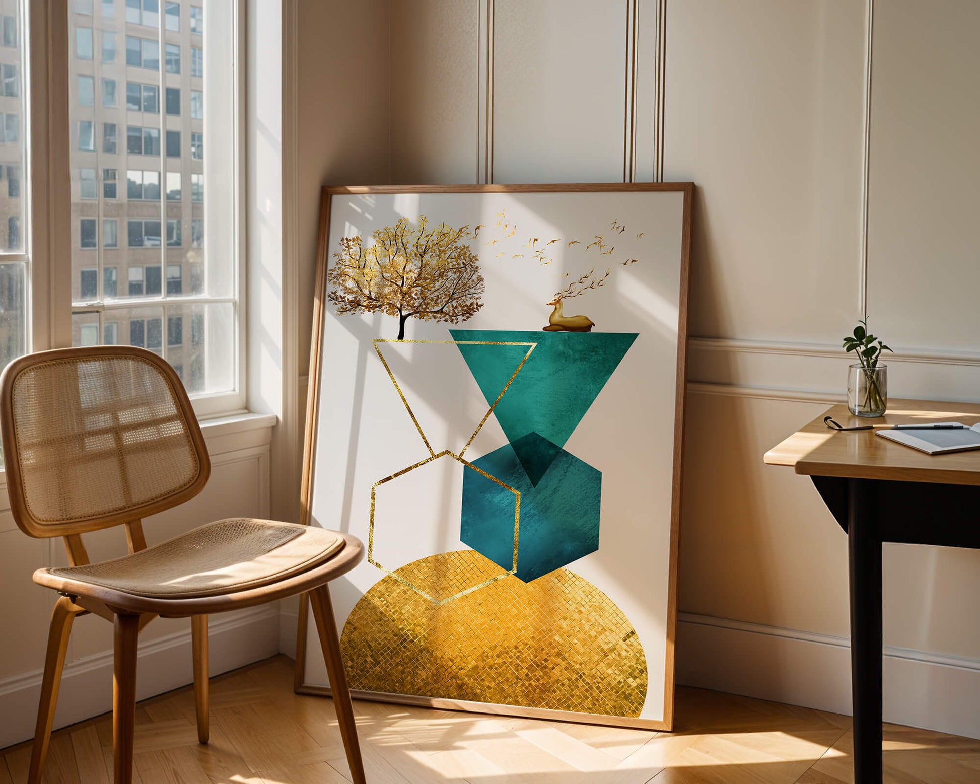 Abstract Geometric Composition with Golden Deer and Tree
