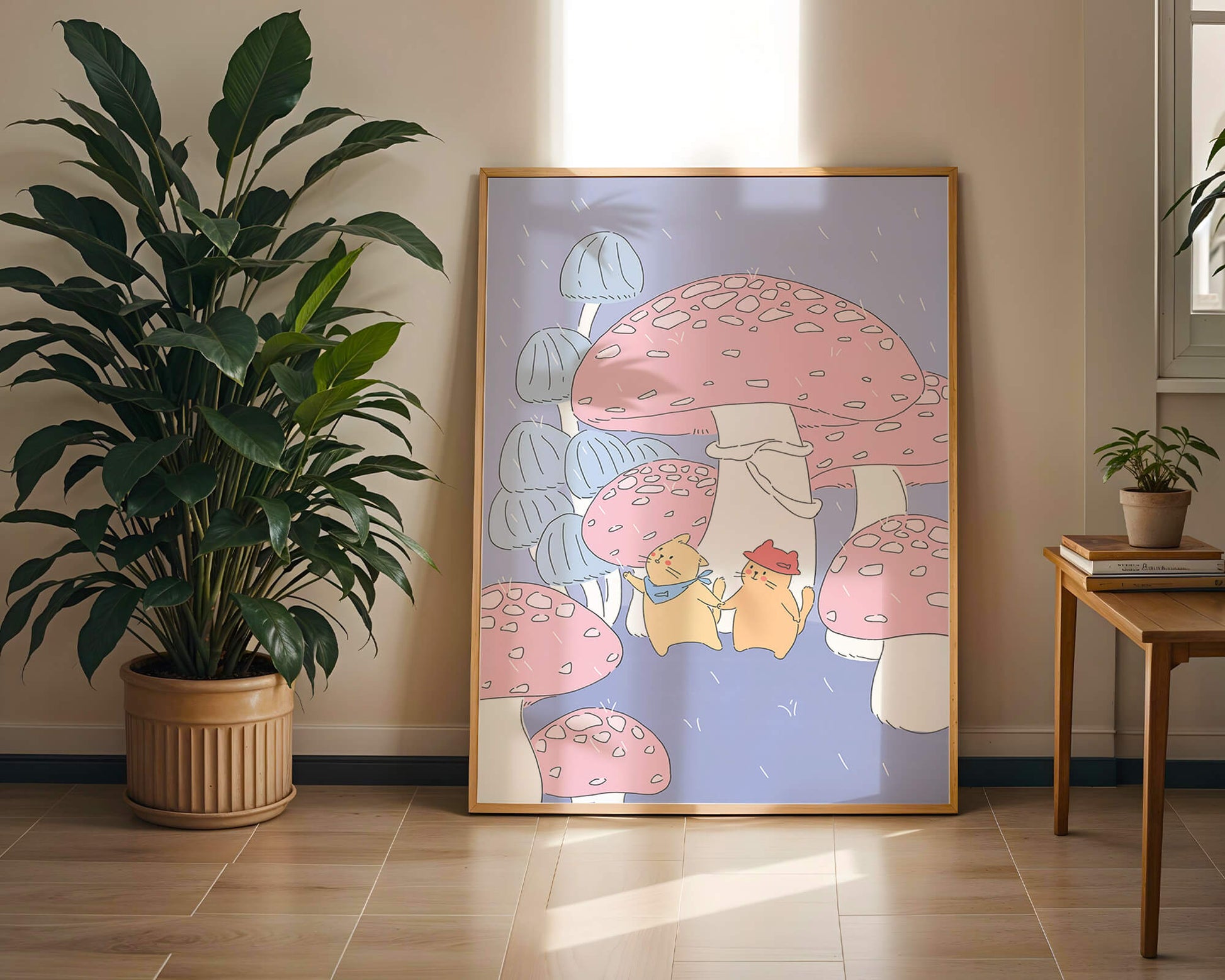 Charming illustration of cats among whimsical mushrooms
