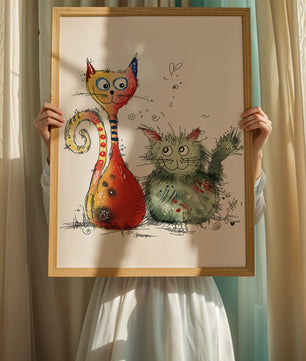 Ilustración artística colorida de dos gatos juguetones sobre fondo blanco