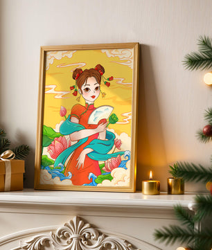 Ilustración oriental que presenta a una chica con atuendo tradicional, un abanico y flores de loto