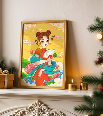 Oriental illustration featuring a girl in traditional attire with a fan and lotus flowers
