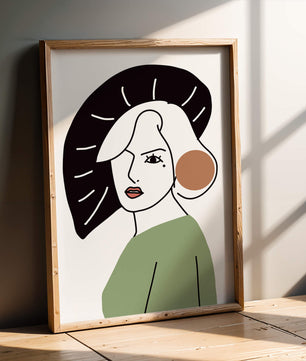 Minimalist Abstract Portrait Featuring Woman with Black Hat and Green Outfit - Mi tienda