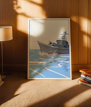 Illustrative depiction of a warship sailing on calm waters