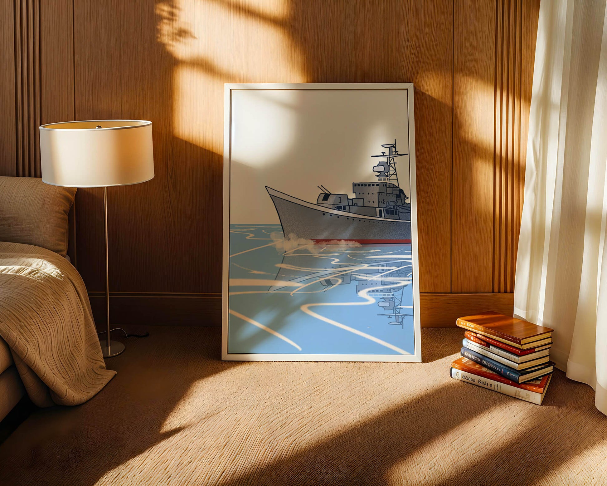 Illustrative depiction of a warship sailing on calm waters