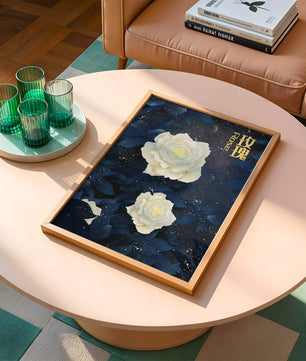 Elegant white roses on a celestial night background with deep blue leaves