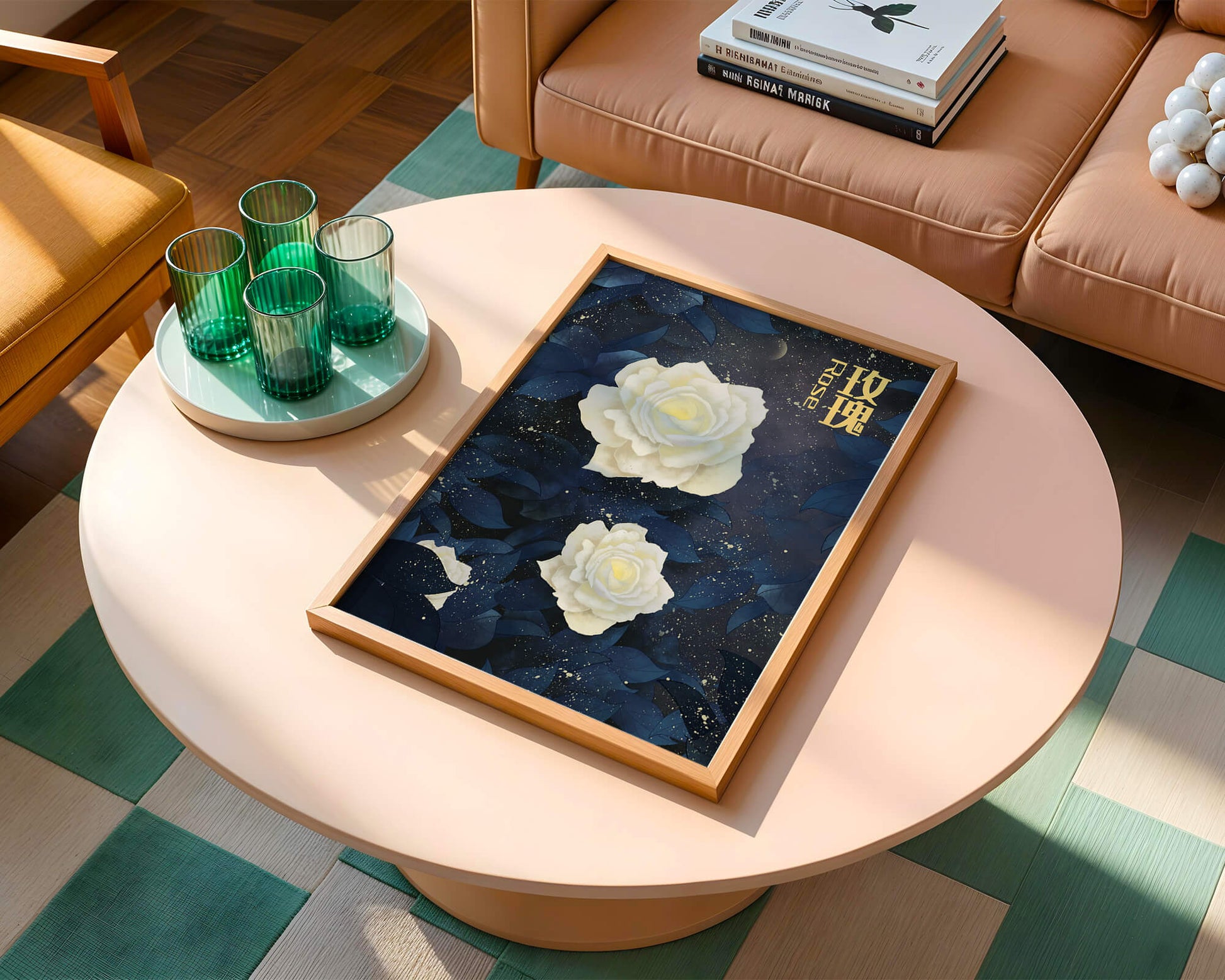 Elegant white roses on a celestial night background with deep blue leaves