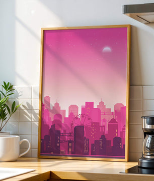 Skyline urbano al anochecer con degradado rosa y noria