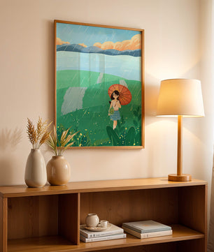 Girl with Umbrella in Rainy Meadow
