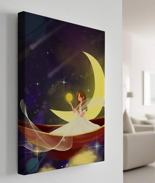 Enchanted night scene with a fairy on a crescent moon