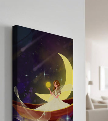 Enchanted night scene with a fairy on a crescent moon