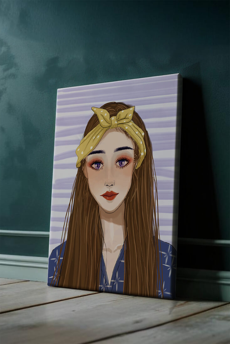 Illustration of a woman with a yellow headband against a striped background