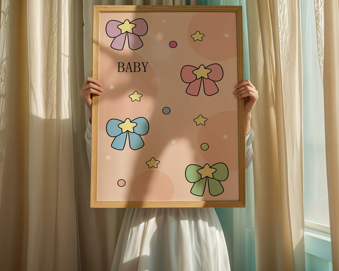 Colorful baby-themed backdrop with bows and stars