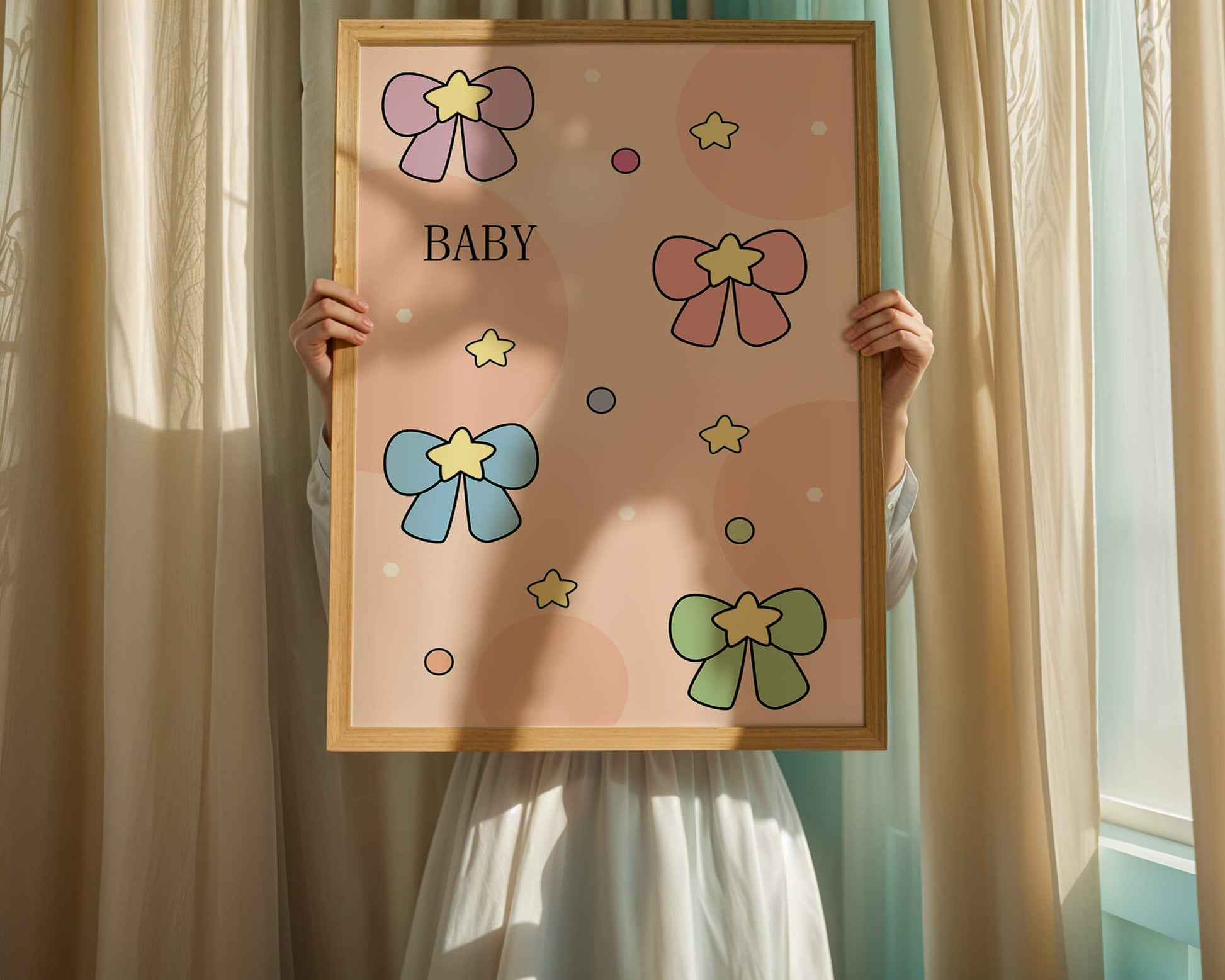 Colorful baby-themed backdrop with bows and stars