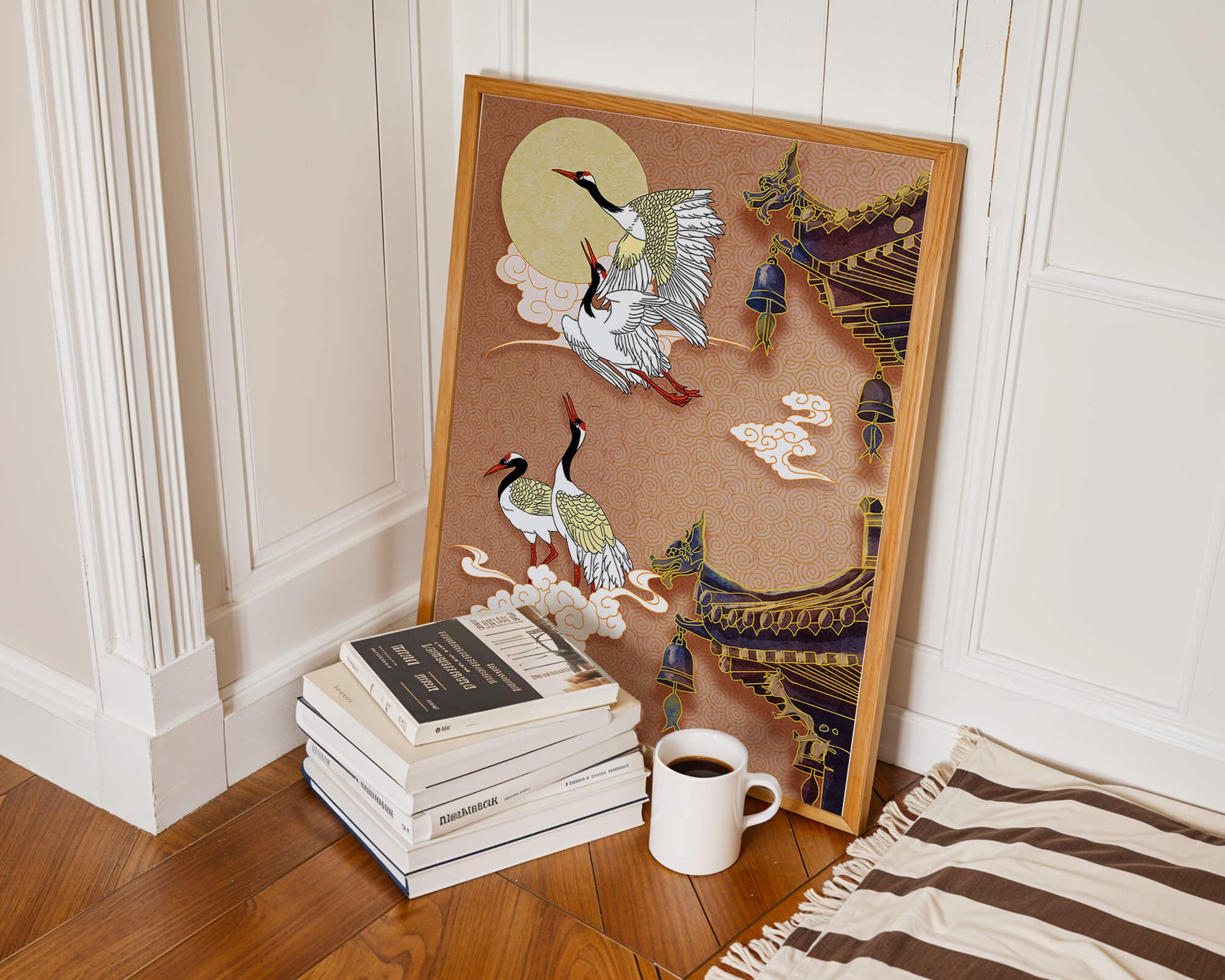 Oriental crane art with golden accents and architectural design