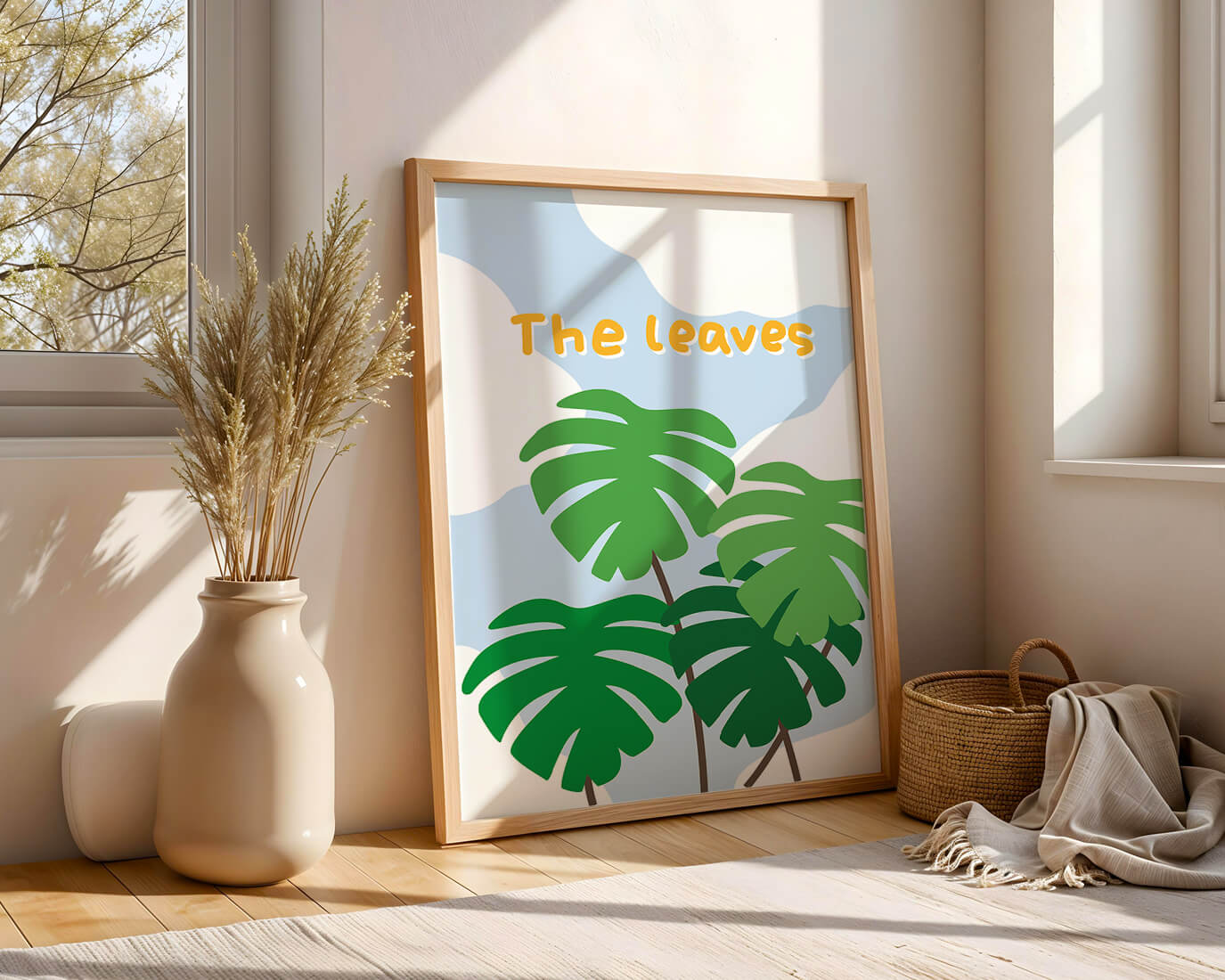 Illustrative tropical leaves with blue sky background for home decor
