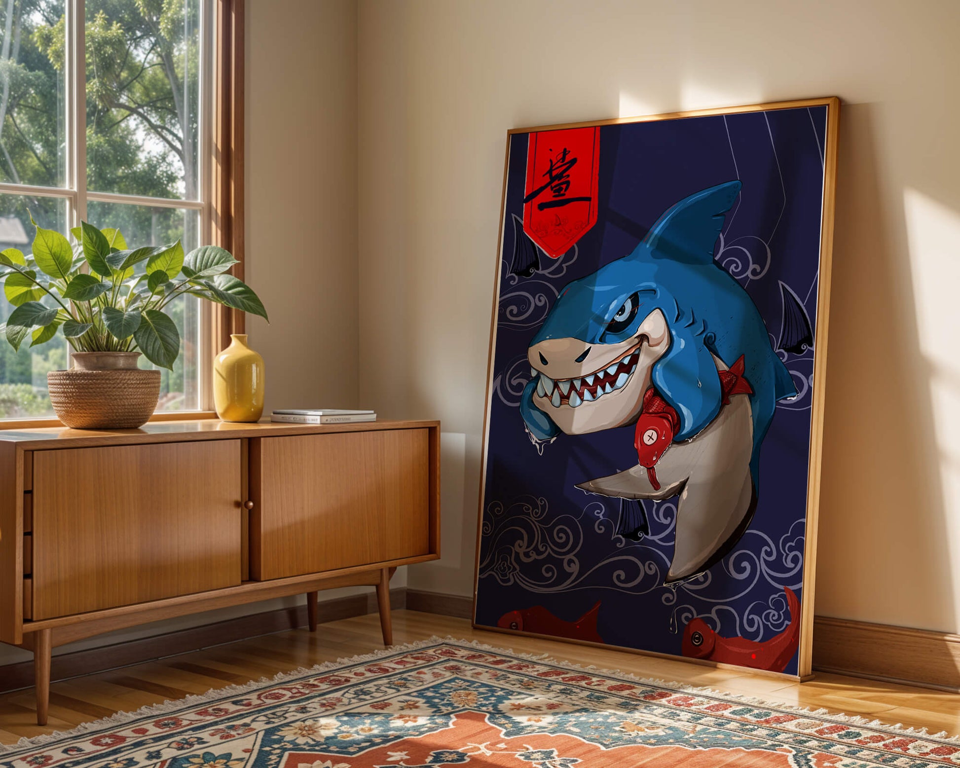 Playful illustration of a cartoon shark with nautical elements