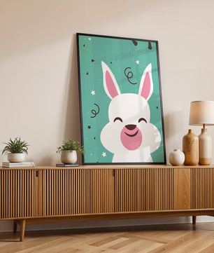 Adorable cartoon bunny on teal background with playful elements