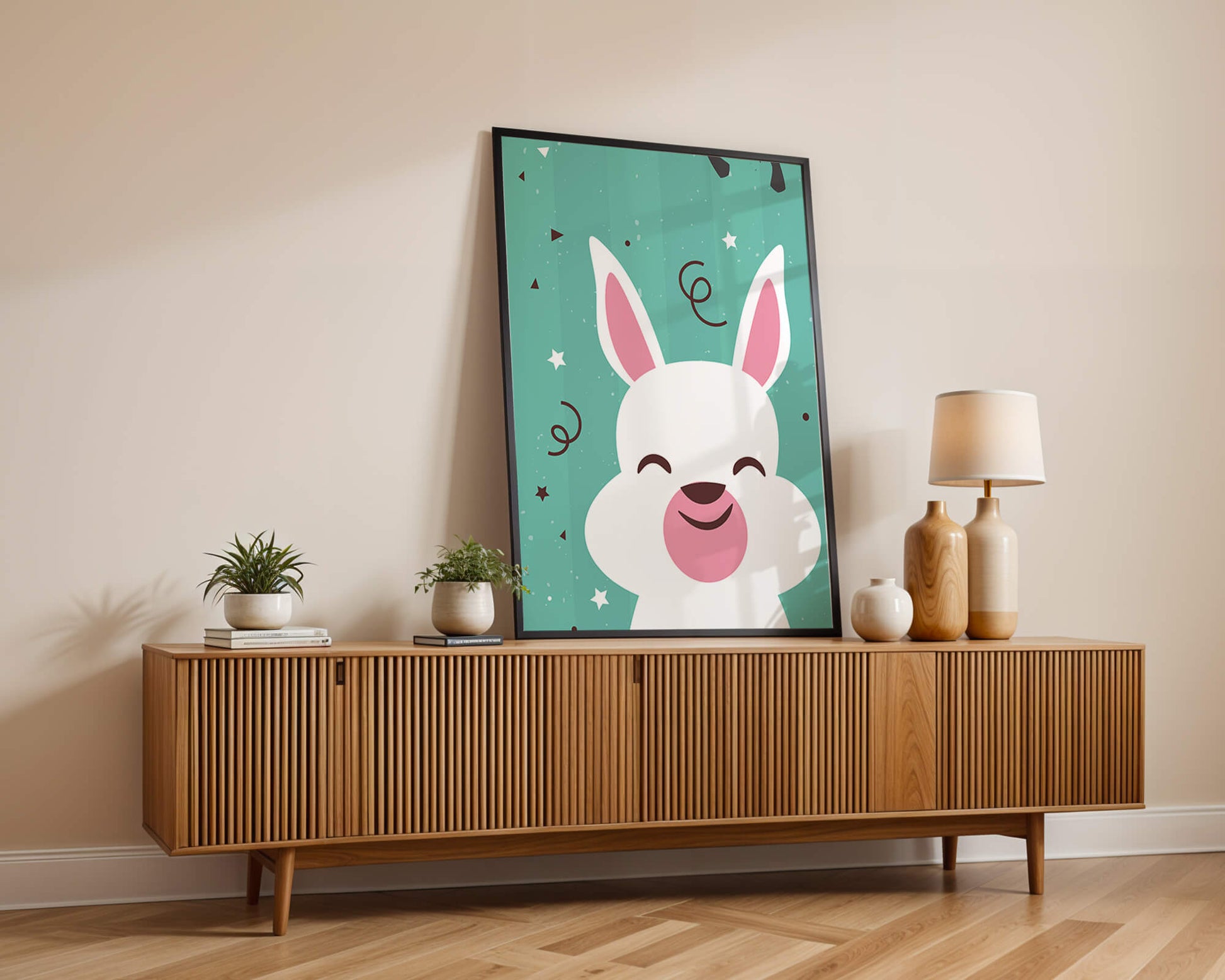 Adorable cartoon bunny on teal background with playful elements