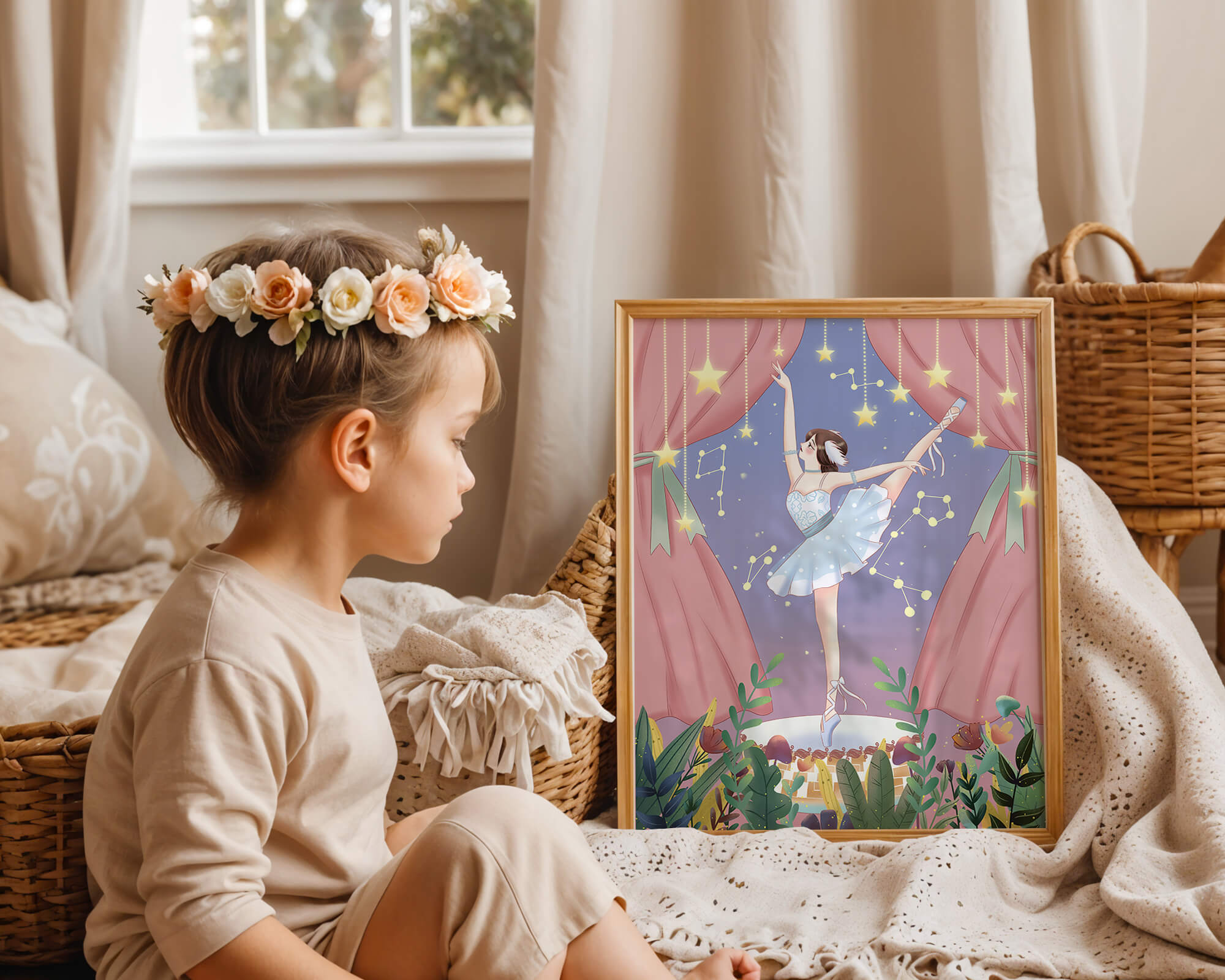 Graceful ballerina performing under starry sky on stage