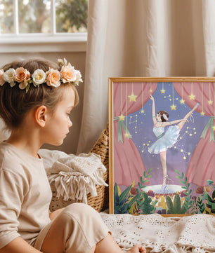 Graceful ballerina performing under starry sky on stage