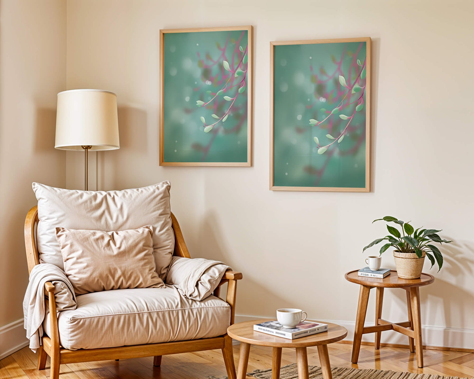 Diseño abstracto sereno con hojas pastel y fondo borroso