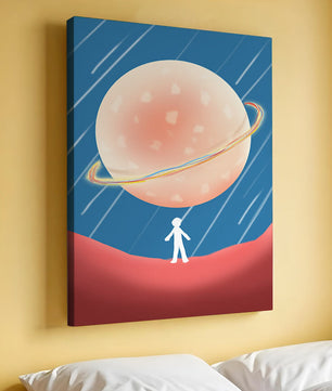 Illustration Of A Large Planet Against A Stardust Background With A Small Figure In The Foreground