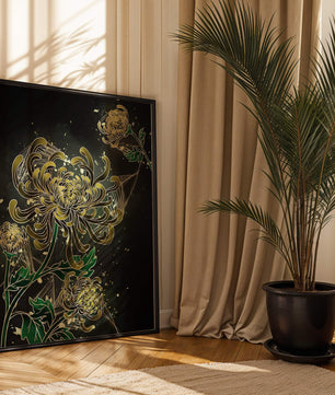 Œuvre élégante de chrysanthèmes dorés et verts sur fond sombre
