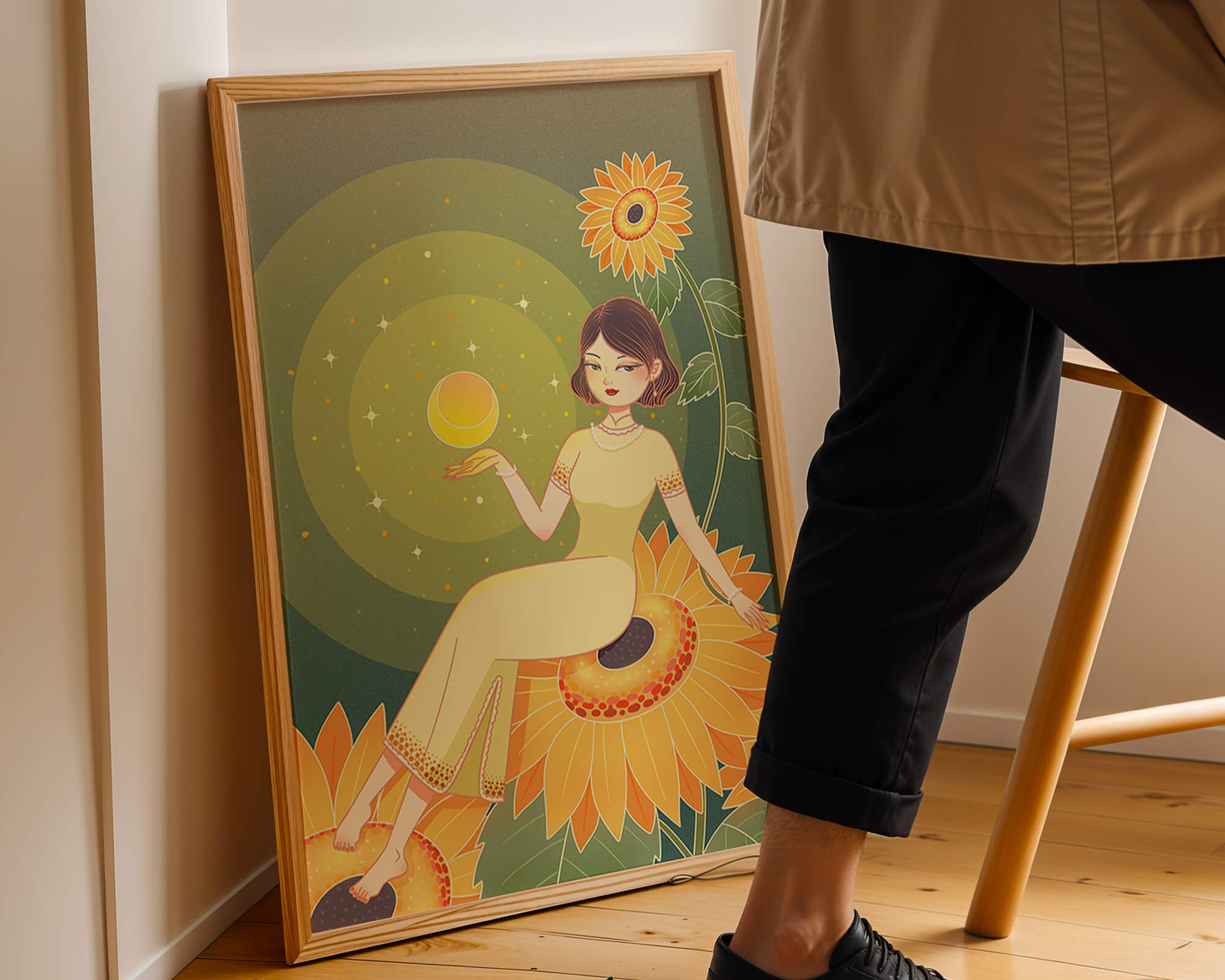 Elegant illustration of a woman on sunflowers with glowing orb
