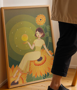 Elegant illustration of a woman on sunflowers with glowing orb