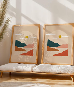 Paysage minimaliste avec montagnes et soleil