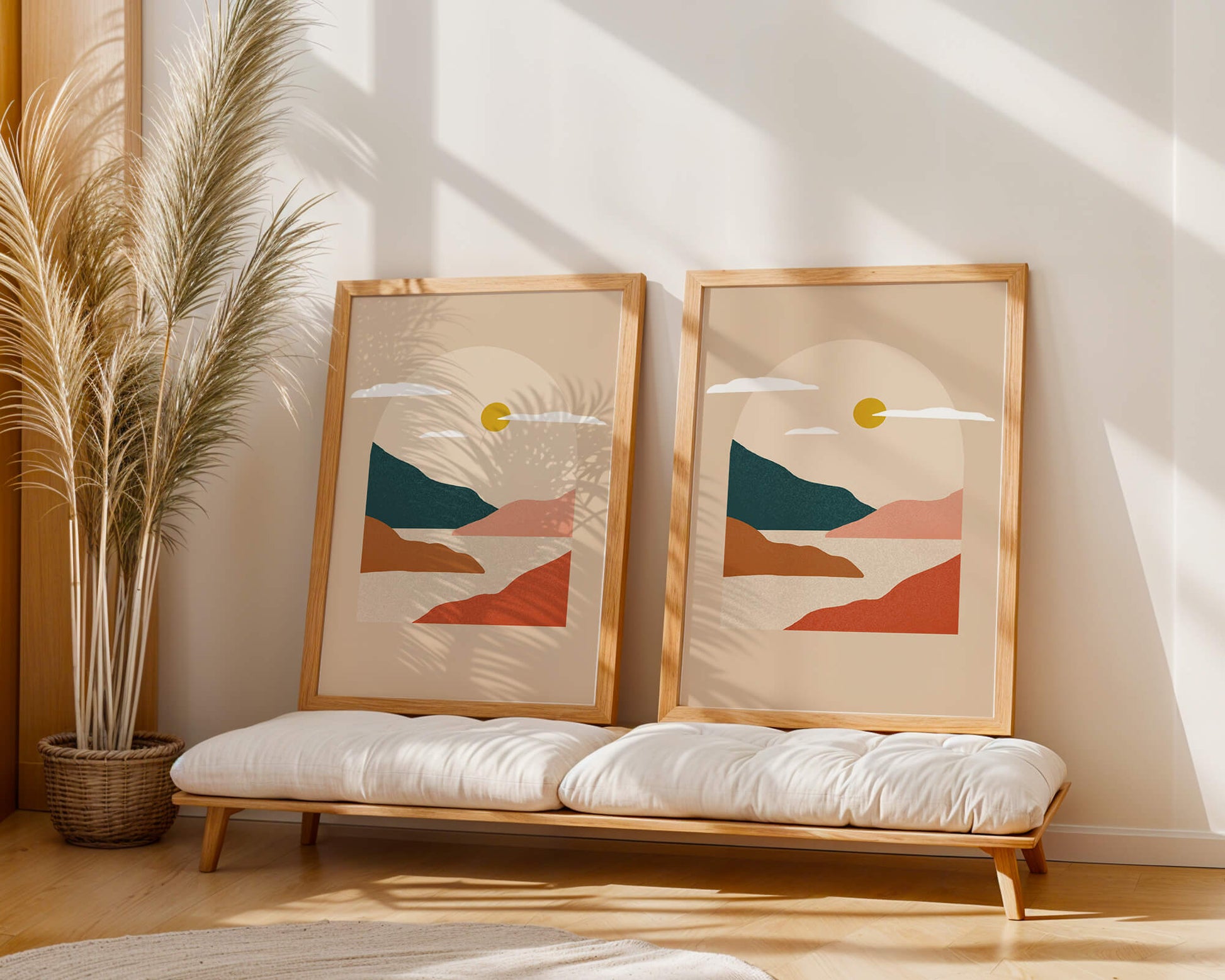 Paysage minimaliste avec montagnes et soleil
