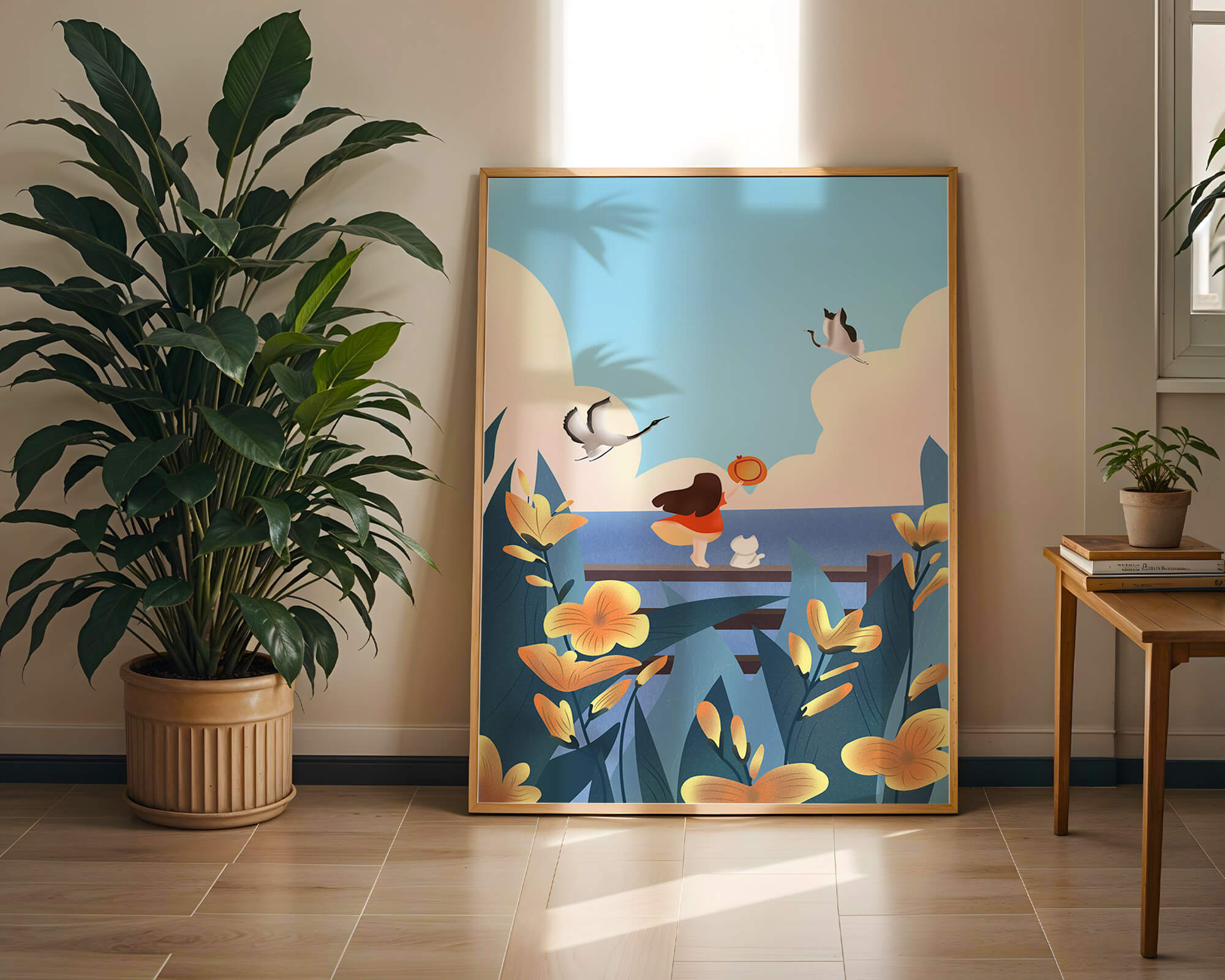 Serene seaside scene with girl, cat, and birds in nature
