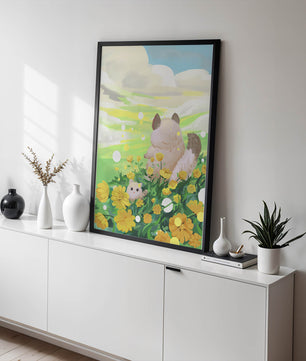 Whimsical Scene of Fluffy Cat and Kitten Among Yellow Flowers