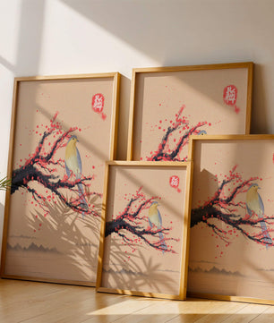 Oiseau serein sur une branche de cerisier dans le style artistique asiatique traditionnel