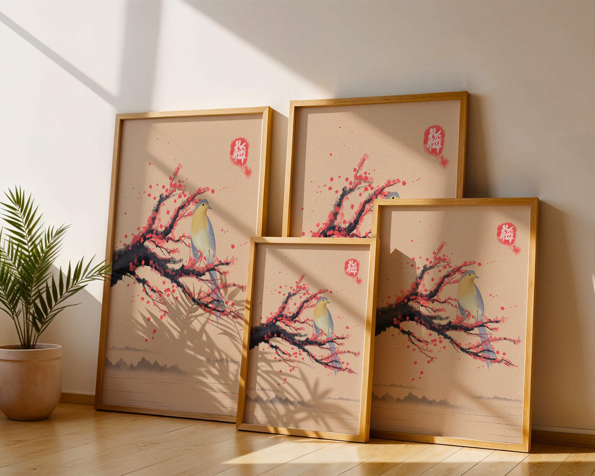 Serene bird on cherry blossom branch in traditional Asian art style