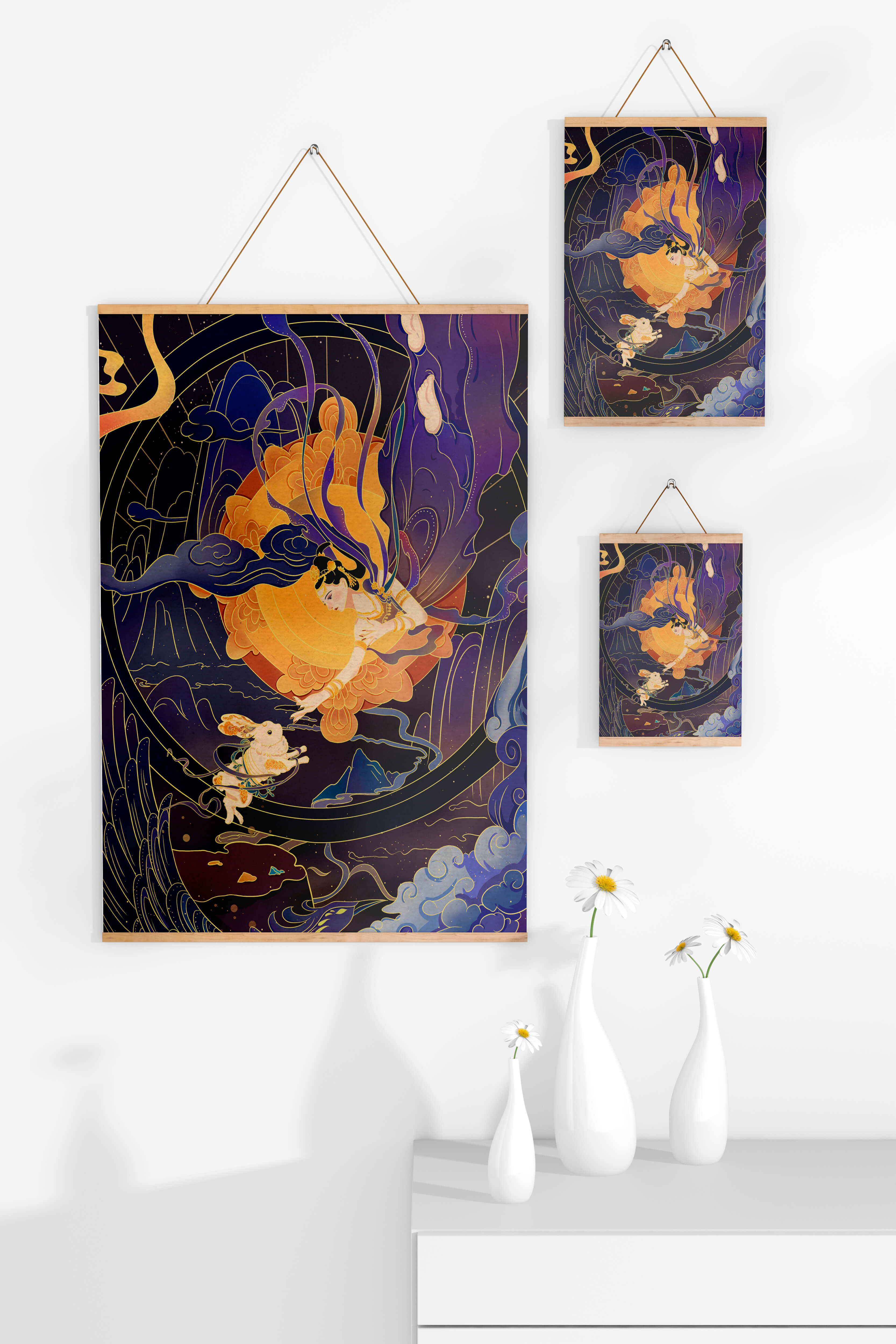 Elegant goddess reaching towards a celestial rabbit in a cosmic scene