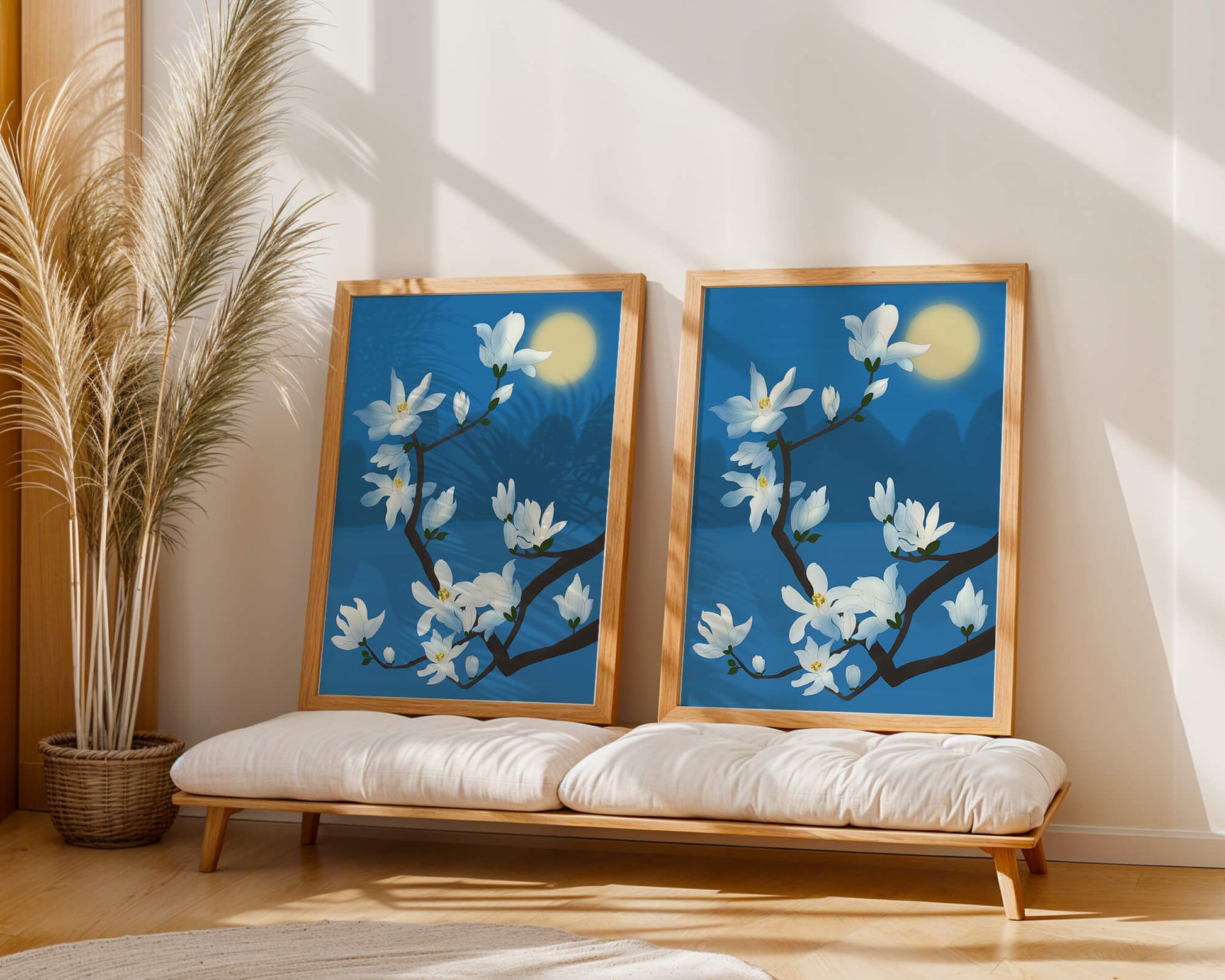 White magnolia branch under moonlight with blue background