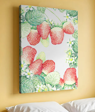Ilustración de fresas y flores con hojas verdes exuberantes
