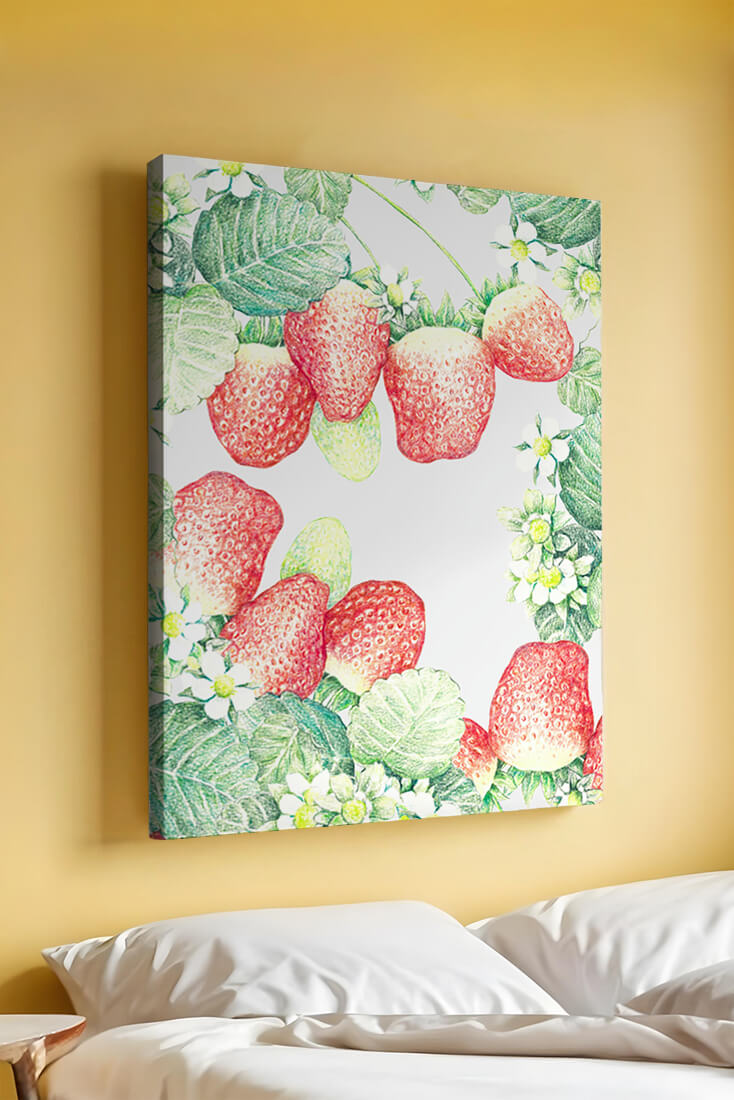 Illustration of strawberries and flowers with lush green leaves
