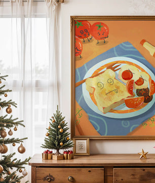 Whimsical Breakfast with Animated Tomatoes and Toast on a Bright Plate