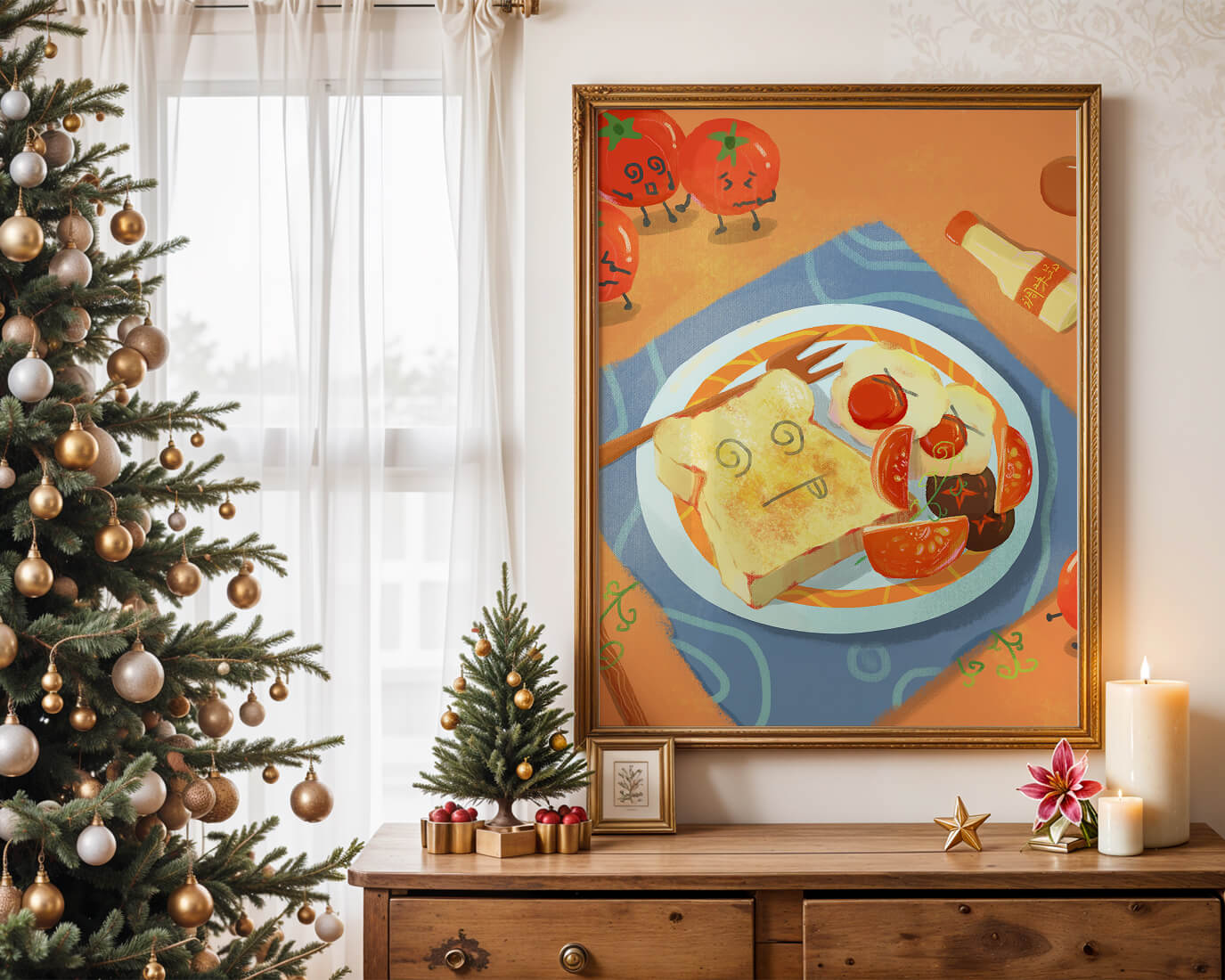 Desayuno caprichoso con tomates animados y tostadas en un plato brillante