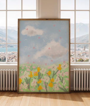 Paysage printanier avec nuages et fleurs