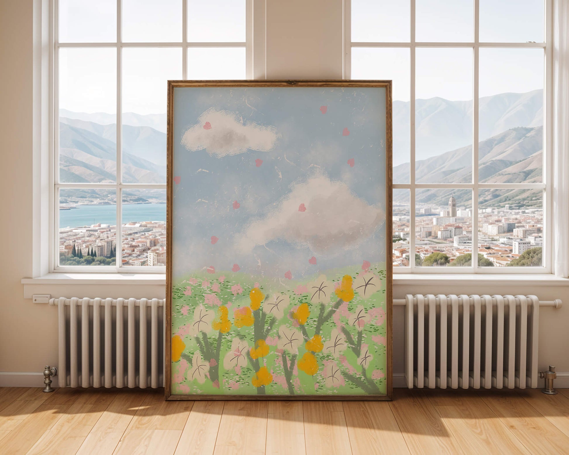 Paysage printanier avec nuages et fleurs