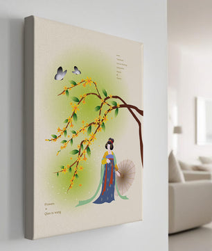 Traditional Chinese painting featuring a woman with flowers and butterflies