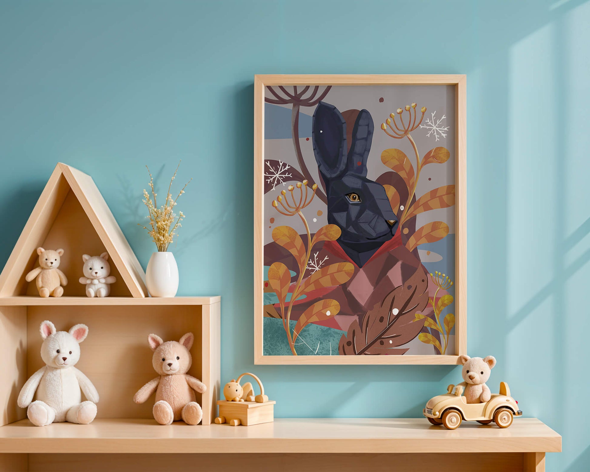 Abstract geometric rabbit in a vibrant autumn floral setting