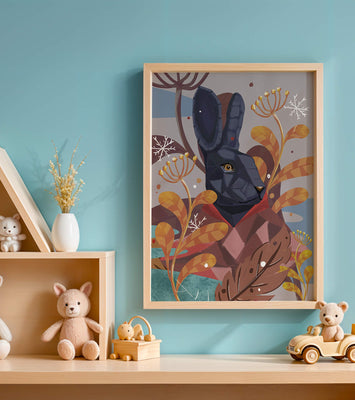Abstract geometric rabbit in a vibrant autumn floral setting